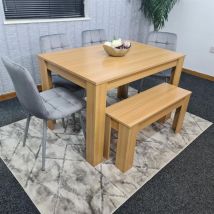 Kosy Koala - Dining Table and 4 Chairs With Bench Oak Effect Wood 4 Grey Velvet Chairs Dining Room