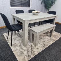 Dining Table and 4 Chairs With Bench Stone Grey Effect Wood Table 4 Black Velvet Chairs Dining Room - Grey