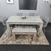 Dining Table and 4 Chairs With Bench Stone Grey Effect Wood Table 4 Grey Leather Chairs Dining Room