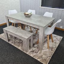Kosy Koala - Dining Table and 4 Chairs With Bench Stone Grey Effect Wood Table 4 White Plastic Leather Chairs Dining Room
