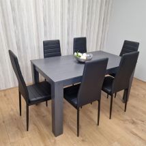 Dining Table and 6 Chairs Black Dark Grey 6 Black Leather Chairs Wood Dining Set Furniture - Dark Grey