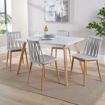 Dining Table Set 120cm White Top Wooden Legs 4 Geometric Grey Kitchen Chairs