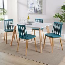 Dining Table Set 120cm White Top Wooden Legs 4 Geometric Teal Kitchen Chairs