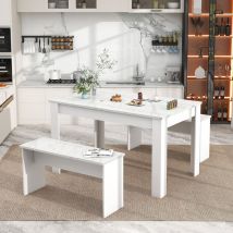 3 Pcs Dining Set, Dining Table with 2 benches Dining Table Set White