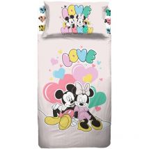Disney, Mickey e Minnie, Topolino, Set Lenzuolo Letto Singolo, Completo Letto Singolo Disney, Lenzuolo Sopra, Lenzuolo Con Angoli, Federa, Rosa, 100%