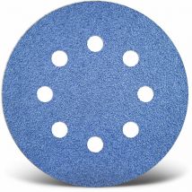 Blue Disques abrasifs auto-agrippants, 125 mm, 8 trous, p. Ponceuses excentriques, Corindon de zirconium (Lot de 25) G120 - Menzer