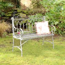 Melody Maison - Ornate Distressed Grey Metal Garden Bench 98cm x 114cm