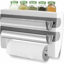 Distributeur de papier d'aluminium et de film étirable, équipé de lames tranchantes et d'un support de rangement. Cet accessoire de cuisine convient
