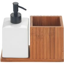 Distributeur de savon et Porte-éponges Mera Wenko Distributeur 500ml rechargeable, Bambou Fumé fsc et Céramique, 18,5 x 17 x 8,5 cm, Noir et Blanc