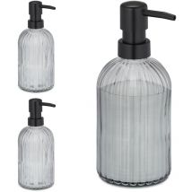 Relaxdays - Distributeur de savon, lot de 3, porte-savon liquide, rechargeable, 400 ml, verre et plastique, noir