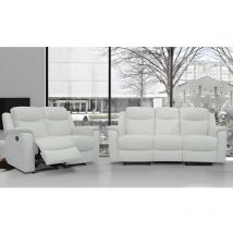 Vente-unique - Divano 3+2 posti relax con ripiano bar in cuoio Avorio - evasion