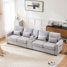 Divano a 4 posti, divano a 4 posti, divano trapuntato in lino grigio con consolle, 2 portabicchieri, 2 porte USB e 4 cuscini