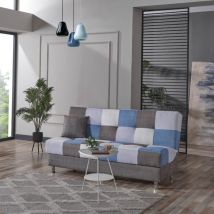 Divano letto 190 cm a 3 posti patchwork blu con contenitore - PRIMUR