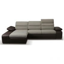 Vente-unique - Divano letto angolare in tessuto e similpelle Bicolore beige e marrone - Angolo a sinistra - mirabeau