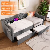 Divano Letto Imbottito 90 X 190 Cm Con Funzione Di Ricarica Usb Type C E 2 Cassetti, In Lino Grigio, Senza Materasso