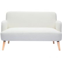 Divano scandinavo 2 posti in tessuto effetto lana bouclé bianco e legno chiaro ISKO