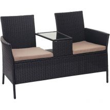 Divano sofa per l'esterno doppia seduta portavivande HHG-243 polyrattan nero cuscini avorio
