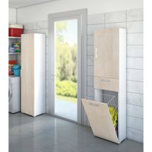Armario multiusos Dcosim, Mueble lavadero lineal con 2 puertas, Columna de baño con cesto de ropa, 100% Made in Italy, 45x32h195 cm, Roble y Blanco
