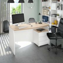Dmora Bureau Carrollton, Bureau, Table d'étude de support PC avec 3 tiroirs, cm 136x67h74, Blanc et Chêne, avec emballage renforcé