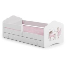 Dmora - Cama infantil Poznan, Cuna para dormitorio, Conjunto de dormitorio, Estructura del sostenedor del colchón, 85x164 h63 cm, Blanco con unicornio