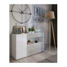 Dmora - Buffet moderne avec 2 portes et 1 tiroir, Buffet avec étagères et étagères, Meuble tv de salon, 130x41h81 cm, Couleur Blanc Brillant et Ciment