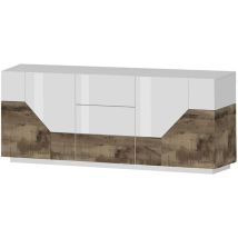 Credenza Almira, Madia da cucina a 4 ante e 3 cassetti, Buffet da soggiorno, 100% Made in Italy, cm 220x43h86, Bianco lucido e Acero - Dmora