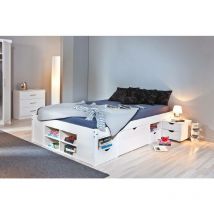 Doppelbett mit Staufächern und Nachttisch inklusive Rollen, Farbe weiß, 166.5 x 47.5 x 209 cm - Dmora