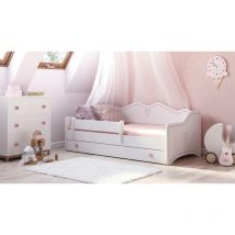 Einzelbett für Kinder dekoriert, Kinderbett dekoriert mit und Fallschutz für Schlafzimmer, cm 164x85h70, Farbe Weiß und Pink - Dmora