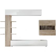 Dmora - Ensemble mural de salon réversible, Made in Italy, Meuble tv, Ensemble de salon moderne, 295x30h197 cm, Blanc brillant et couleur Chêne, avec