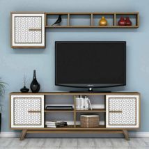 Dmora - Fernsehschrank Diph, Ständer für Wohnzimmerfernseher, Niedriges Wohnzimmer-Sideboard, TV-Ständerbasis, 160x35h56 cm, Walnuss und Weiß, mit