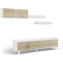 Dmora - Paroi aménagée Orlando, Meuble télé pour le salon, Composition salon avec meuble haut et étagère, cm 200x50h41, Blanc et Chêne, avec