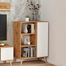 Sideboard mit 1 Tür und 2 Regalen, Buffet mit Füßen, Wohnzimmer-Sideboard im Scandi-Stil, Bücherregal mit Regalen, 40x90h116 cm, Farbe Weiß und Ahorn