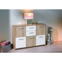Sideboard mit fünf Türen und zwei Schubladen im Mittelteil, Farbe Weiß und Eiche, Maße 115 x 77 x 30 cm - Dmora