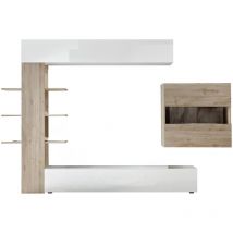 Dmora - Wohnzimmerwand, Made in Italy, TV-Schrank, Modernes Wohnzimmer-Set, 295 x 30 h 197 cm, glänzendes Weiß und Eichenfarbe
