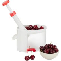 Mowze - Dénoyauteur de cerises Relaxdays, avec ventouse, récipient de collecte, plastique, lame en acier inoxydable, dénoyauteur, blanc-rouge