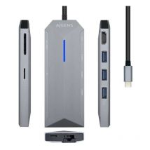 Usb-c dock 8 en 1, usb-c a 1xHDMI, 1xRJ45, 3xUSB, 1xPD, 1xSD, 1xMicroSD, Gris, 15 cm - Aisens