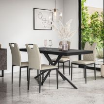 Donni Dining Table And Chairs - Black Table Top w Black Legs + Monza Linen Dining Chair Set Of 6 (Beige)