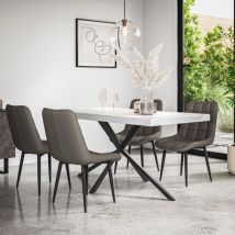 Donni Dining Table And Chairs - White Marble Effect Table Top w Black Legs + Nova Faux Leather Dining Chair Set Of 6 (Grey)