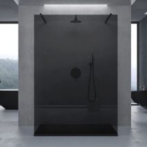 Doporro - Box Doccia Walk-In 100x200cm, Parete Doccia Anticalcare in Vetro Grigio 8mm con Bracci Sostegni Telescopici in Acciaio MMBR3 Nero - Grigio