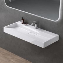 Lavabo Suspendu avec Bonde Vasque à Poser Blanc 90x46x11cm Lave Mains Rectangulaire avec Perçage de Robinet Colossum19 - Doporro