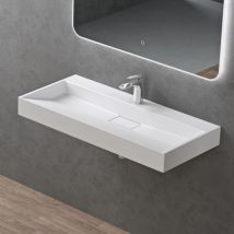 Lavabo Suspendu avec Bonde Vasque à Poser Blanc Mat 100x46x11cm Lave Mains Rectangulaire avec Perçage de Robinet Colossum19 - Doporro