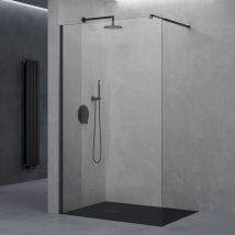 Parete Doccia Walk In Con Barra Stabilizzatrice Regolabile 70-120 Cm E Profilo Nero Opaco, Vetro 8 Mm Temperato Trasparente Anticalcare, 70x200 Cm – 