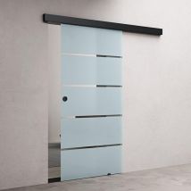 doporro Porte Coulissante en Verre pour L'intérieur 90cm x 205cm Verre de Sécurité Bandes Opaques Poignée Ronde Porte Glissante Distance au Mur de