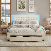 Bett Mit Stauraum, Stauraumbett 180x200, 2 Schubladen, Led Rgb, Bett Erwachsene Hydraulisch, Polsterbett Samt, Modern/skandinavisch(180x200cm, Beige)