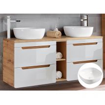 Lomadox - Doppel-Waschtischunterschrank 140 cm mit Keramik-Aufsatzbecken LUTON-56 Hochglanz weiß mit Wotan Eiche Nb. b/h/t ca. 141/76,5/46 cm