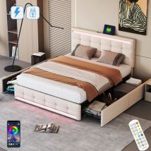 Doppelbett 140x200cm, mit 4 Schubladen, LED-Beleuchtung, USB-Ladefunktion, Lattenrost, Metallrahmen, gepolstertes Bett aus Leinen - Beige