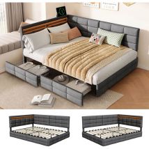 Polsterbett 140x190 Cm Aus Grauem Leinenstoff, Doppelbett Mit Led, Usb-anschluss, Intelligentem Kopfteil Und 2 Schubladen, Grau