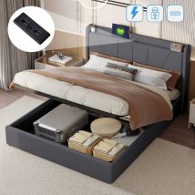 Doppelbett 140x200 cm, mit hydraulischem Stauraum, usb A/C-Ladefunktion, Lattenrost, Metallrahmen, gepolstertesbett aus Leinen - Grau