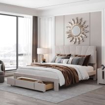 Doppelbett 140x200 cm Polsterbett mit 1 Schublade und Kopfteil, bequeme Rückenlehne, Jugendbett aus Samt, Beige