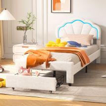 Einzelbett 90x200cm, Mit Led-beleuchtung, Schubladen, Kopfteil In Blumenform, Lattenrost Aus Holz, Gepolstertes Prinzessinnenbett Aus Samt - Weiß